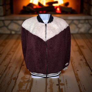 Womens Nike Sportswear Sherpa Wolf Bomber Jacket Burgundy Crush White Large